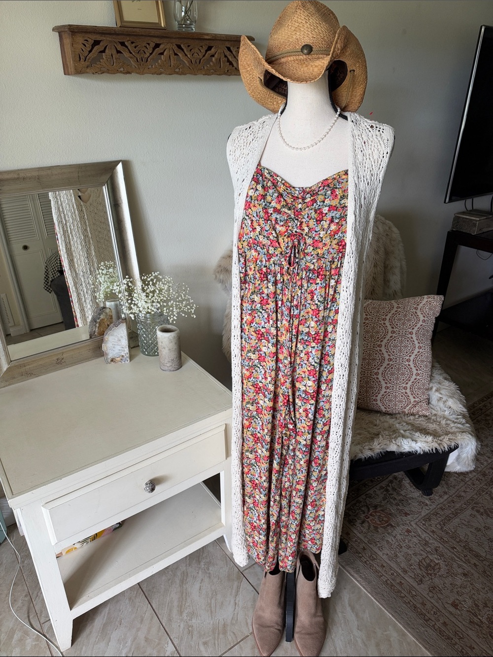 Freshman 1996 cream boho open front croquet knit long line duster kimono M